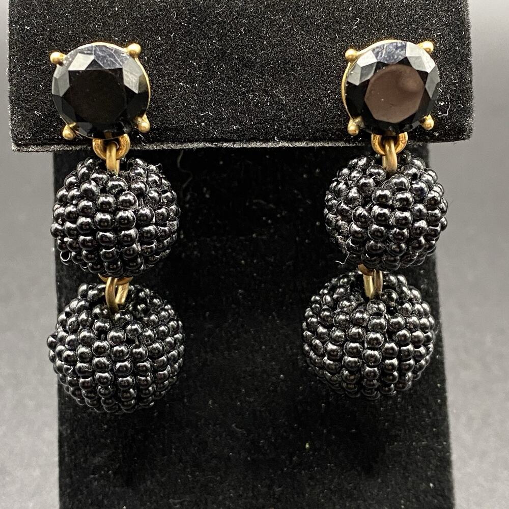 J Crew Black Rhinestone Beaded Earrings Dangle Signed Gold Tone